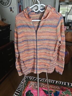 Striped Hooded Zip Cardigan Sweater in Oranges and Blues With Side.pockets